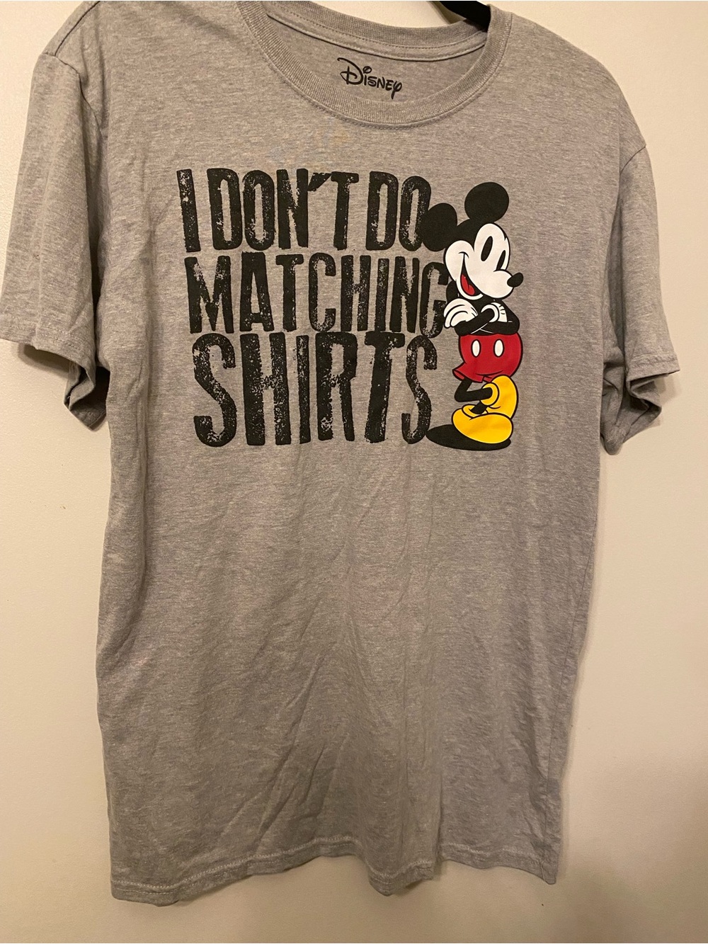 Disney Men’s Gray Mickey Mouse Graphic Tee with Bold Text